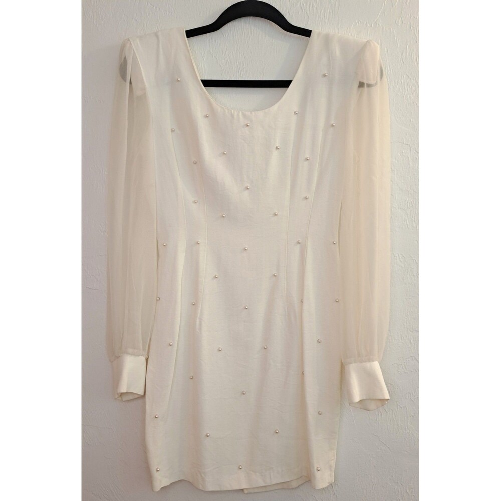 Breakin' Loose Ivory Pearl Embellished Sheath Dress Sheer‎ Long Sleeves Vtg 3/4